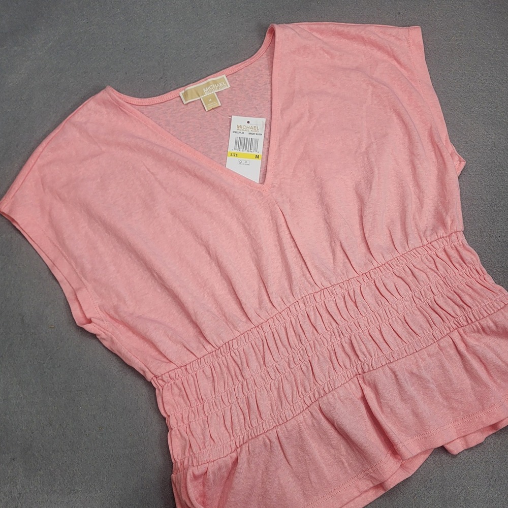Michael Kors Peplum Top Bright Blush Smocked Waist Women Size M NWT